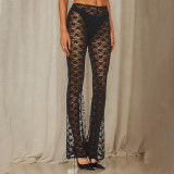 Horn wide leg pants, small floral lace pants, high elasticity see through pants