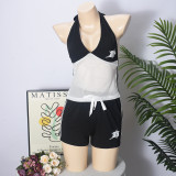 Open navel hollow contrasting color backless strap vest shorts two-piece set