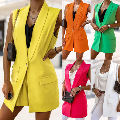 Medium to long vest cardigan with a lapel collar, professional suit jacket