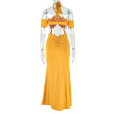 Hanging neck fishtail skirt hollowed out long dress
