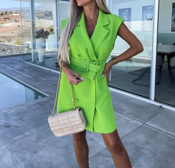 Suit collar sleeveless double breasted dress with waistband included