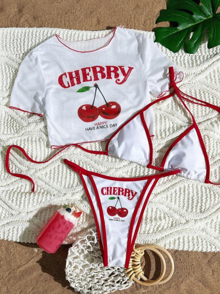 Printed top, mesh cover, split three piece swimsuit set