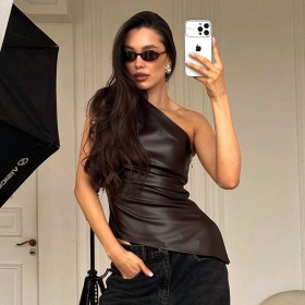 Women's single shoulder sleeveless vest with slanted collar zipper top