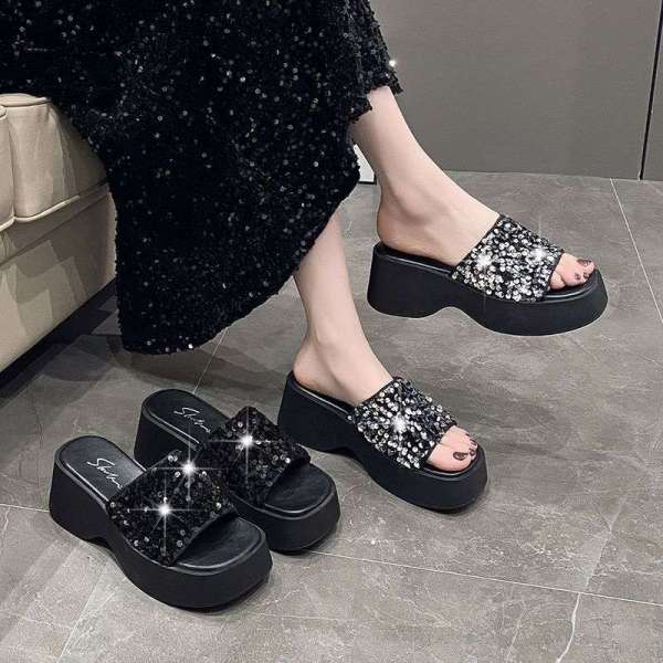 Thick bottomed sequined slope and waterproof platform anti slip slippers