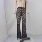 Horn wide leg pants, small floral lace pants, high elasticity see through pants