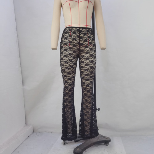 Horn wide leg pants, small floral lace pants, high elasticity see through pants