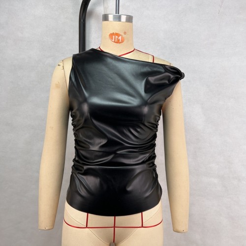 Sleeveless leather T-shirt top with slanted shoulders and twisted pleats, tight fitting waist revealing vest