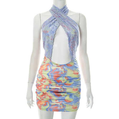 Printed lace patchwork cross hanging neck bag hip skirt dress