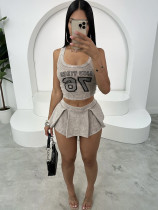 Letter pit stripe tight fitting short vest top pleated short skirt set