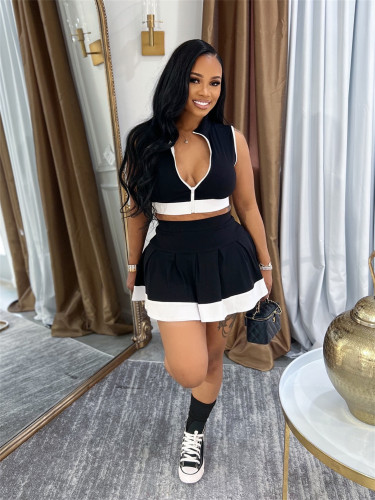 Zipper Sleeveless Top Waist Skirt Set