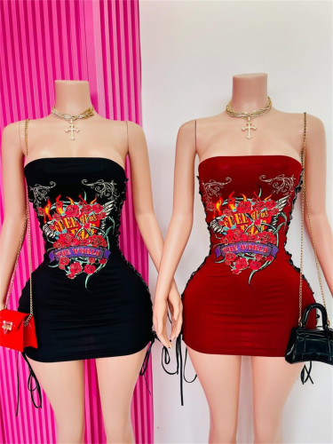 Printed slim fit hip hugging short skirt dress