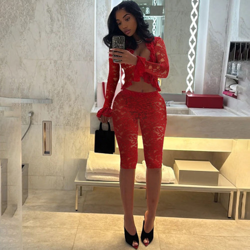 Lace see through long sleeved top and shorts set