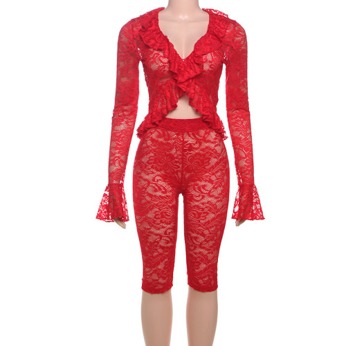 Lace see through long sleeved top and shorts set