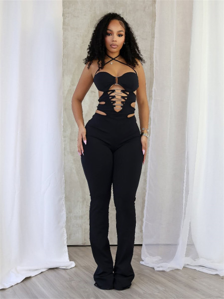Hanging neck tie and backless jumpsuit