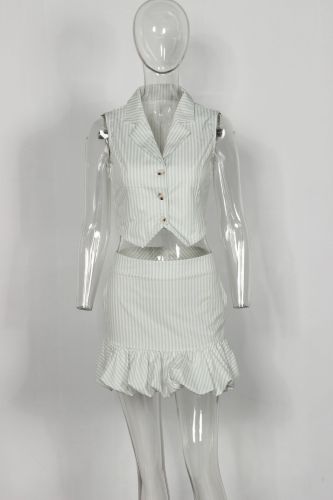 V-neck striped single breasted sleeveless vest vest, vest, hip hugging short skirt set