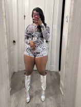 Mesh tight print round neck elastic long sleeved shorts set