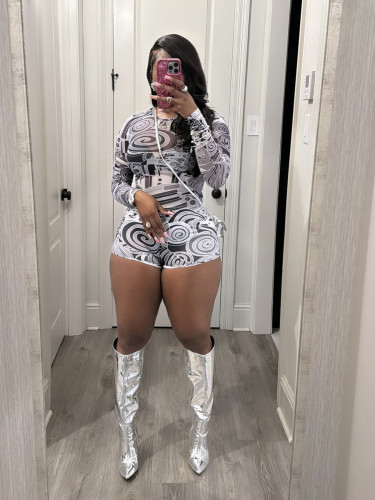 Mesh tight print round neck elastic long sleeved shorts set