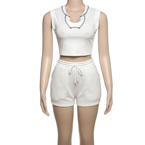 Solid color U-neck sleeveless crop top pants set