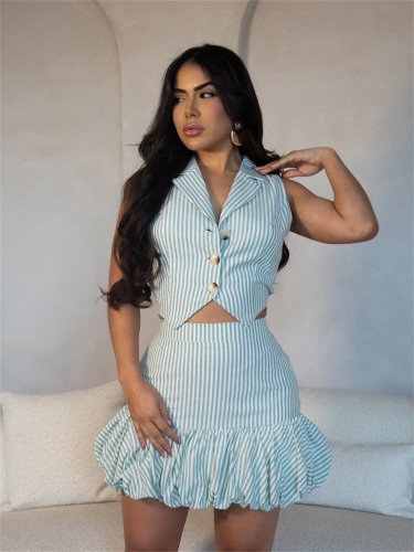 V-neck striped single breasted sleeveless vest vest, vest, hip hugging short skirt set
