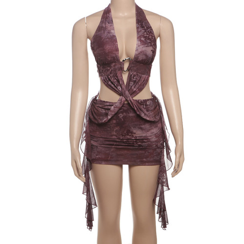 V-neck sleeveless hanging neck revealing backpack hip dress