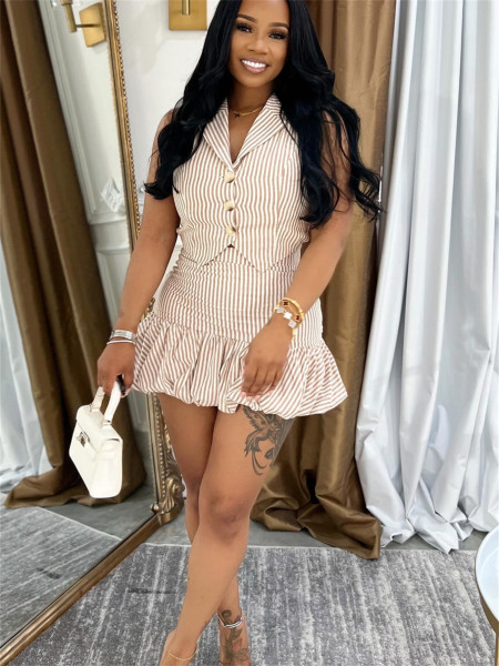 V-neck striped single breasted sleeveless vest vest, vest, hip hugging short skirt set