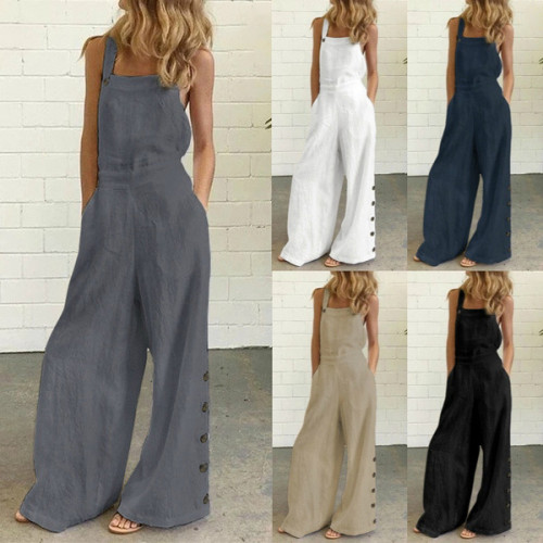 Sleeveless side pocket wide leg side button jumpsuit