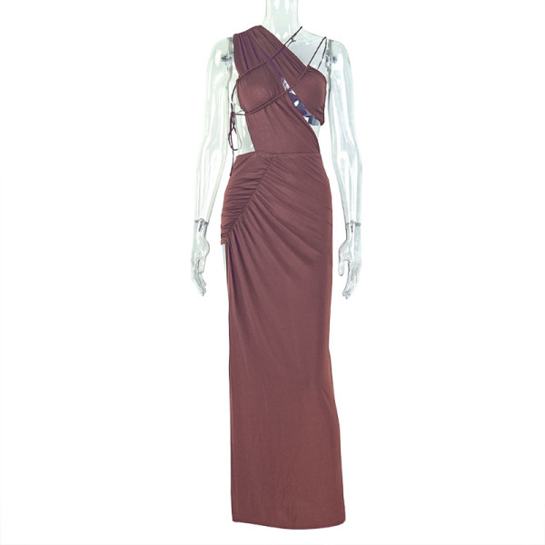 Open back slit irregular skirt, high neck long dress