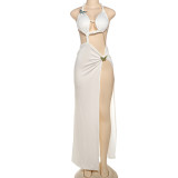 Backless tied long skirt with slit neck hanging dress