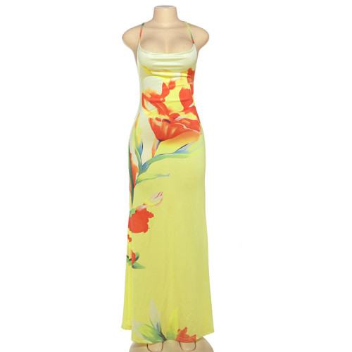 Colorful floral print hanging neck, swinging collar, hip hugging long skirt
