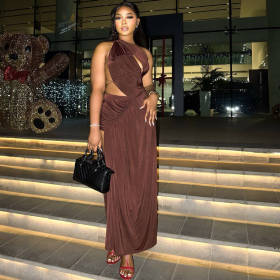 Open back slit irregular skirt, high neck long dress