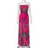 Strapless leopard print slit mesh patchwork dress
