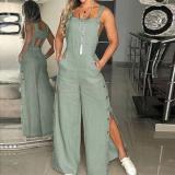 Sleeveless side pocket wide leg side button jumpsuit