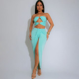 Hollow out backless strapless top, high waist split skirt set