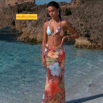 Bare navel lace up printed bikini three piece set Bare navel lace up printed bikini three piece set