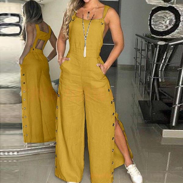 Sleeveless side pocket wide leg side button jumpsuit