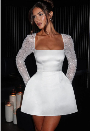 Low cut square neck A-line skirt with lace patchwork long sleeved dress