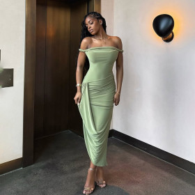 Backless one-piece collar pleated slit dress
