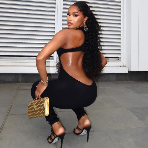 Hollow out tight fitting jumpsuit with exposed back and low waist, long jumpsuit