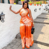 Wide truffle back printed skirt set, neck hanging and waist cinching two-piece set