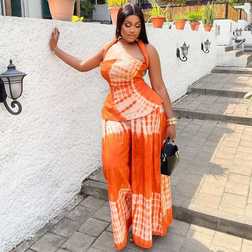 Wide truffle back printed skirt set, neck hanging and waist cinching two-piece set