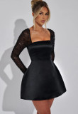 Low cut square neck A-line skirt with lace patchwork long sleeved dress