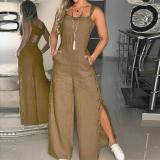 Sleeveless side pocket wide leg side button jumpsuit