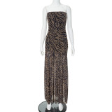 Strapless leopard print slit mesh patchwork dress