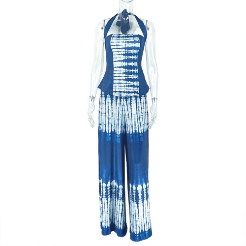 Wide truffle back printed skirt set, neck hanging and waist cinching two-piece set