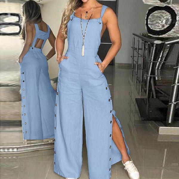 Sleeveless side pocket wide leg side button jumpsuit