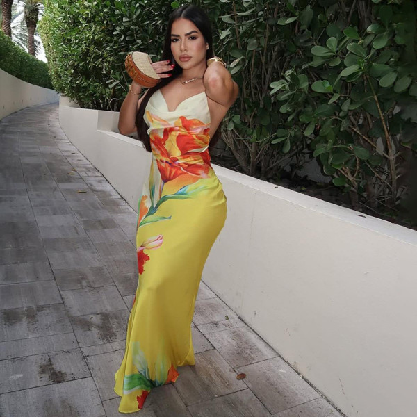 Colorful floral print hanging neck, swinging collar, hip hugging long skirt