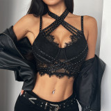 Lace lace neck hanging vest with steel ring and fishbone inside