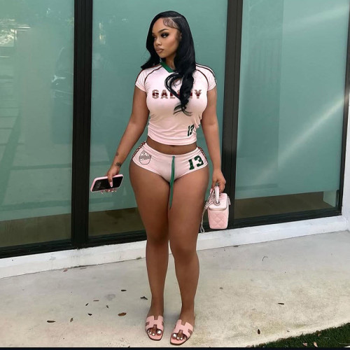 Printed round neck short sleeved T-shirt with drawstring shorts set