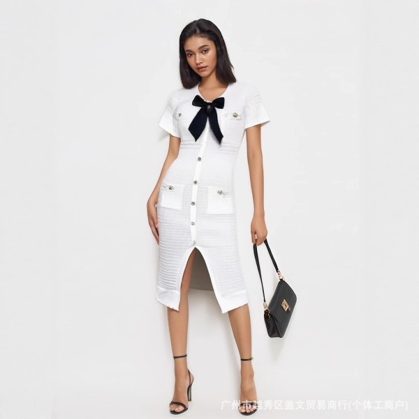 V-neck bow short sleeved button knit slit dress
