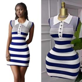 Striped lapel sleeveless mid length knitted dress
